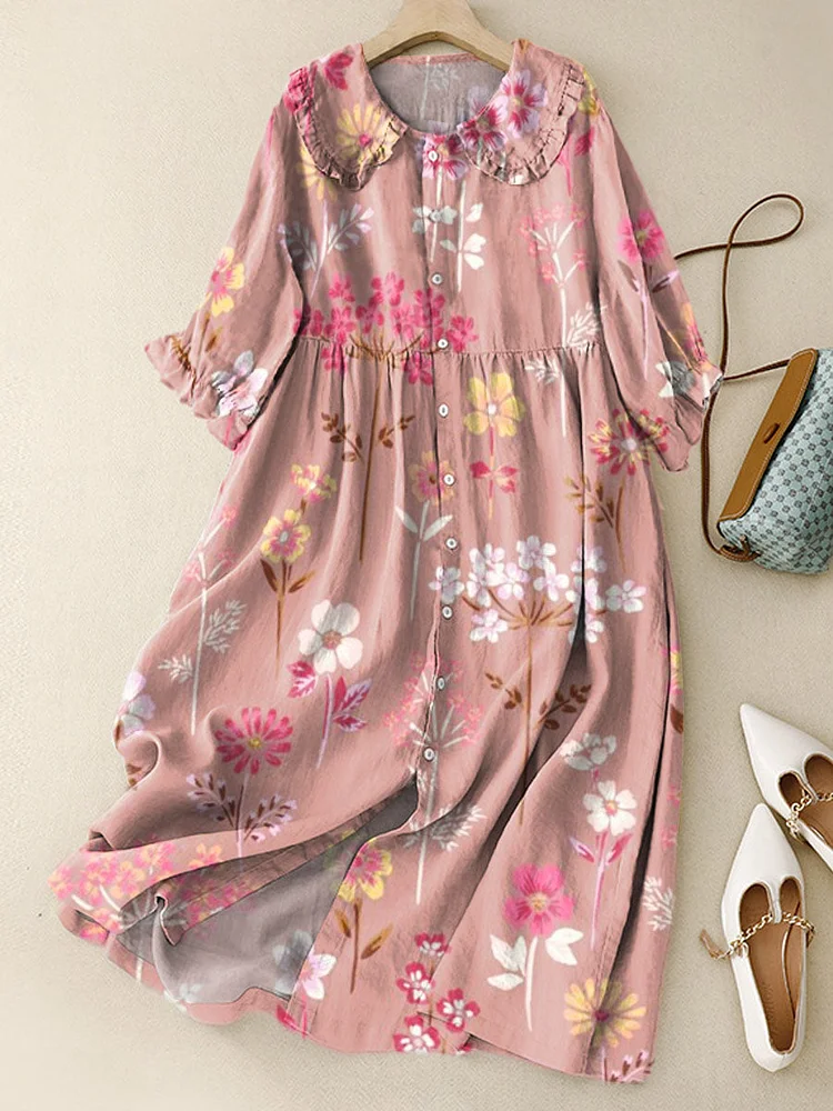 Women‘s Lovely Floral Art Print Peter Pan Collar Cotton Dress