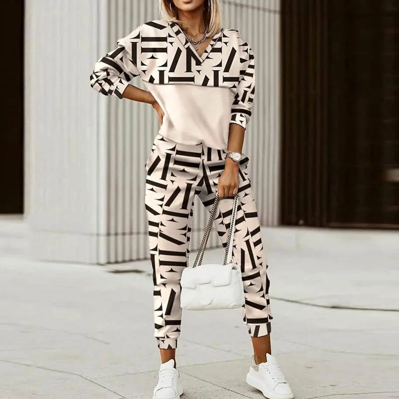 Women Spring Tracksuits Elegant Patchwork Print 2 PC Sets Long Sleeve V-Neck Pullover Top Loose Long Pants Casual Outfit Jogging