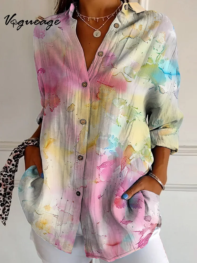 Simple Light Color Gradient Party Long Sleeves Printed Cotton And Linen Shirt