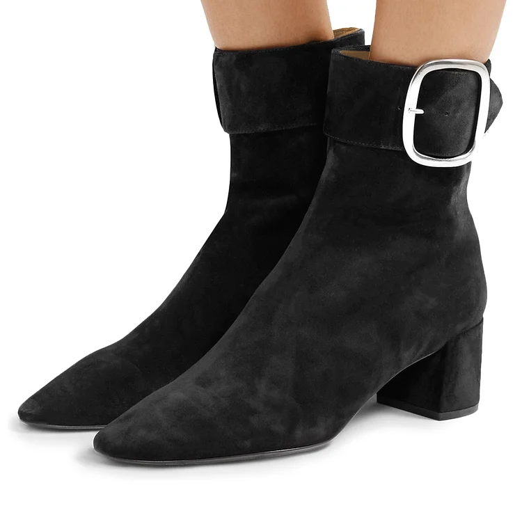 Black Buckle Chunky Heel Boots Ankle Boots |FSJ Shoes
