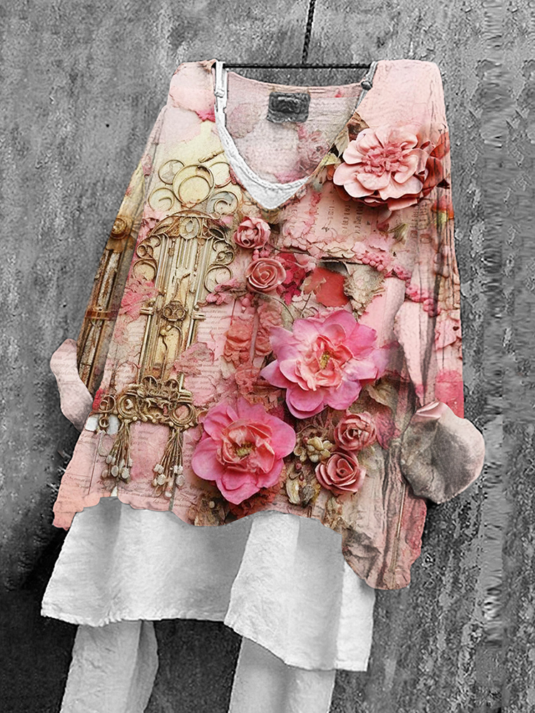 Comstylish Vintage Floral Print V-Neck Casual Loose Blouse