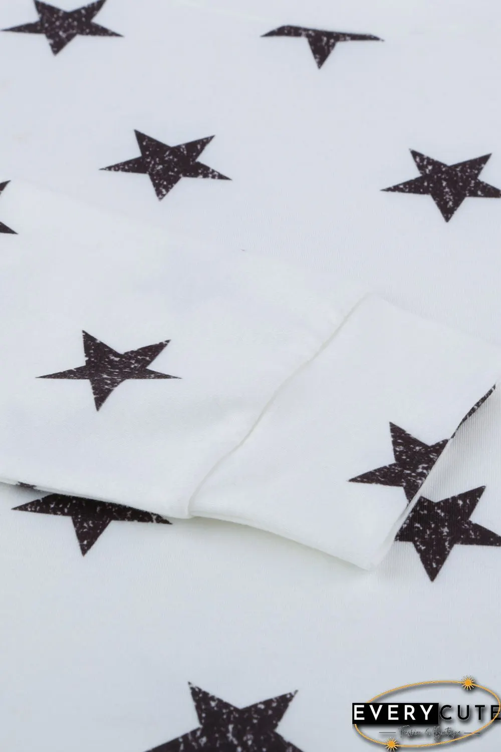 White Crew Neck Star Print Drawstring Loungewear Set with Pocket