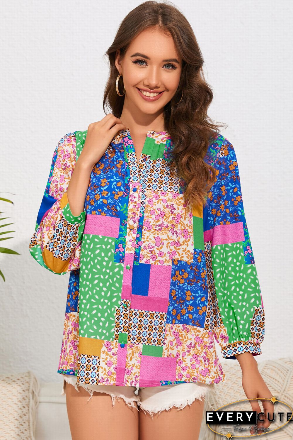 Multicolor Floral Patchwork Print Buttoned Puff Sleeve Shirt