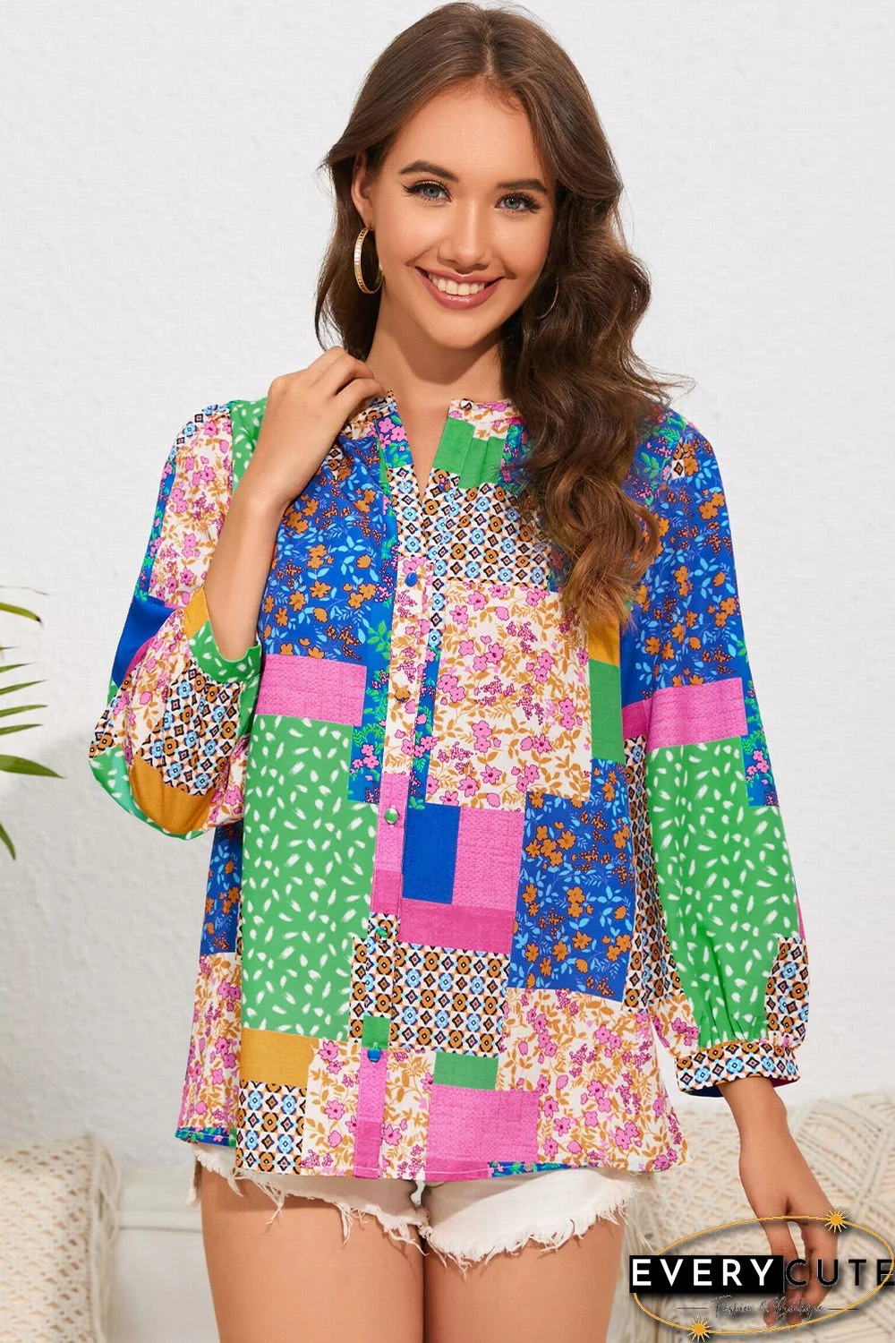 Multicolor Floral Patchwork Print Buttoned Puff Sleeve Shirt