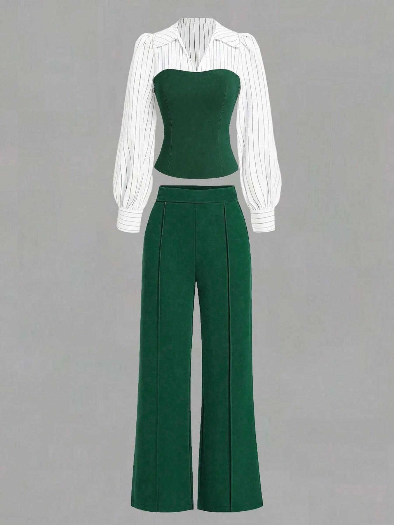 Women's Long Sleeve Colorblock Patchwork Shirt Set, Slimming Waist Design, Straight Leg Pants, Casual Fashion, Chic, Style, 2 Piece Set, Womenswear