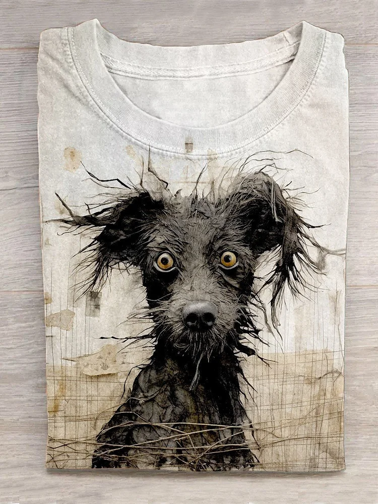 Art Texture Retro Old Painting Dog Animal Art Print Casual T-Shirt