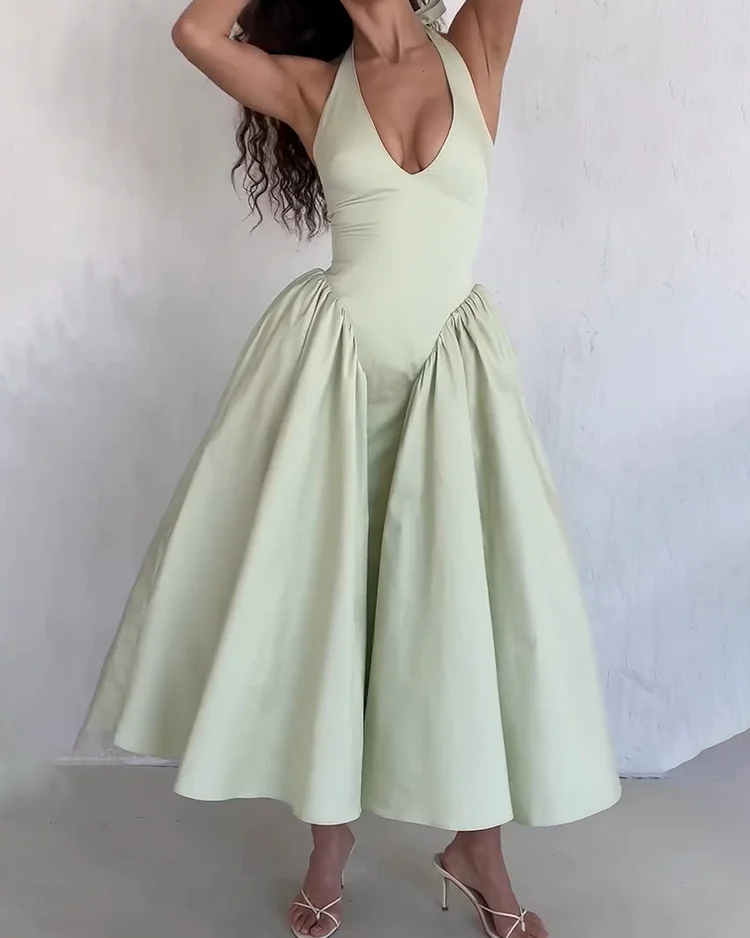 Women's solid color halter neck dress