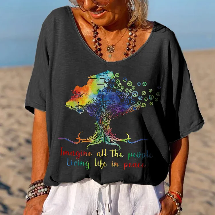 Imagine All The People Living Life In Peace Print Hippie T-shirt socialshop