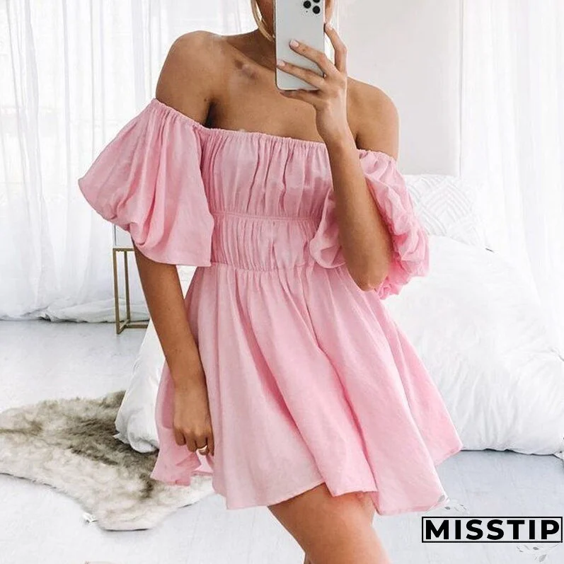 Women Elegant Puff Sleeve Mini Dress Sexy Off Shoulder Solid Party Dress Summer Sweet Lady Elastic Waist Beach Dresses Vestidos