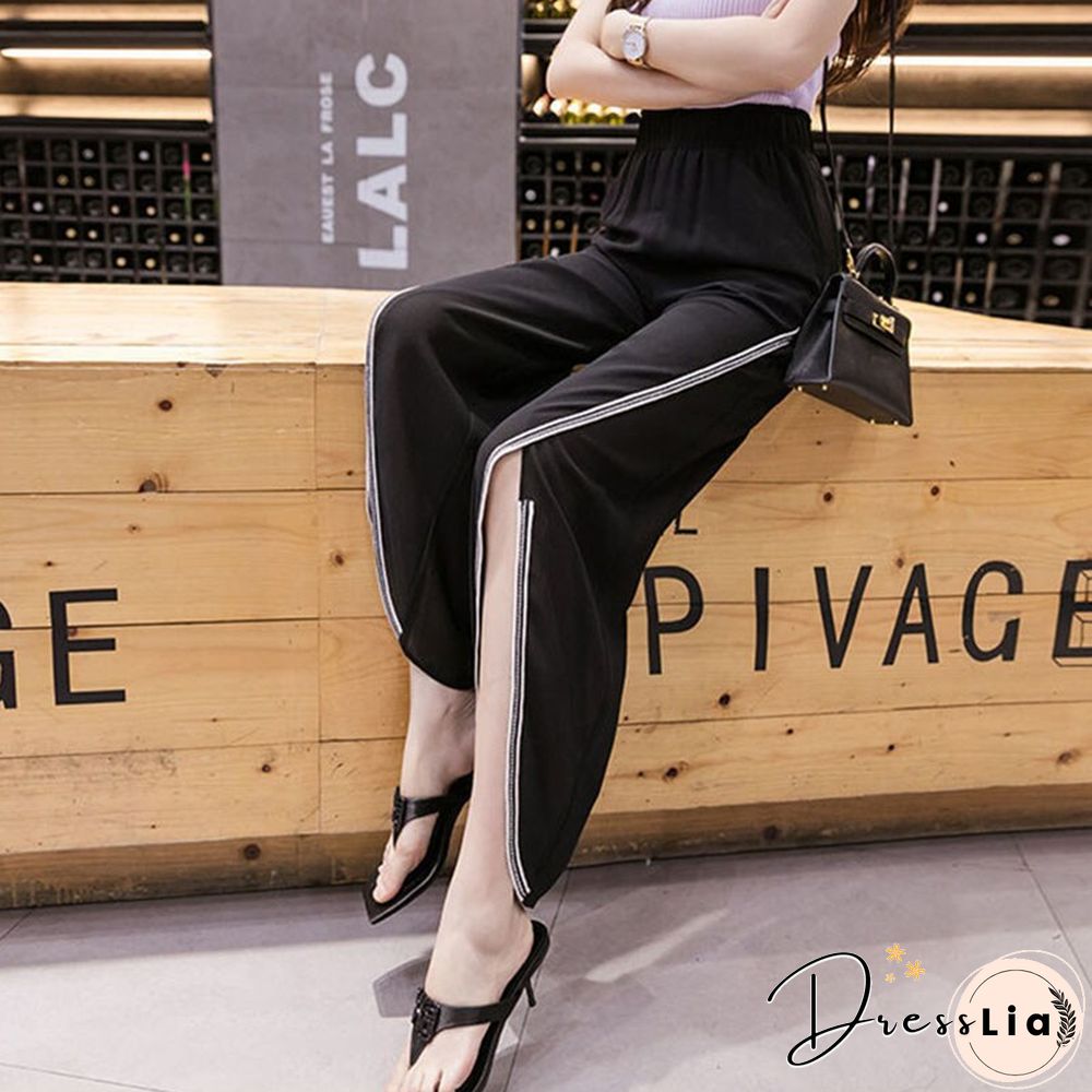 Fashion Chiffon Office Lady Split Wide Leg Pants Summer Women Loose Solid Casual Korean High Waist Elastic Y2k Pants New