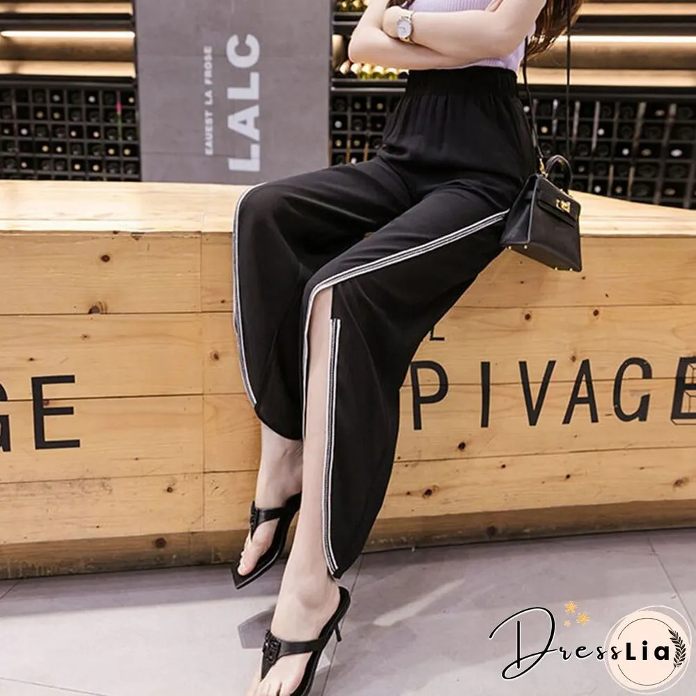 Fashion Chiffon Office Lady Split Wide Leg Pants Summer Women Loose Solid Casual Korean High Waist Elastic Y2k Pants New