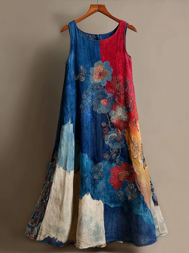 Vintage Flowers Embroidered Colorblock Linen Midi Dress