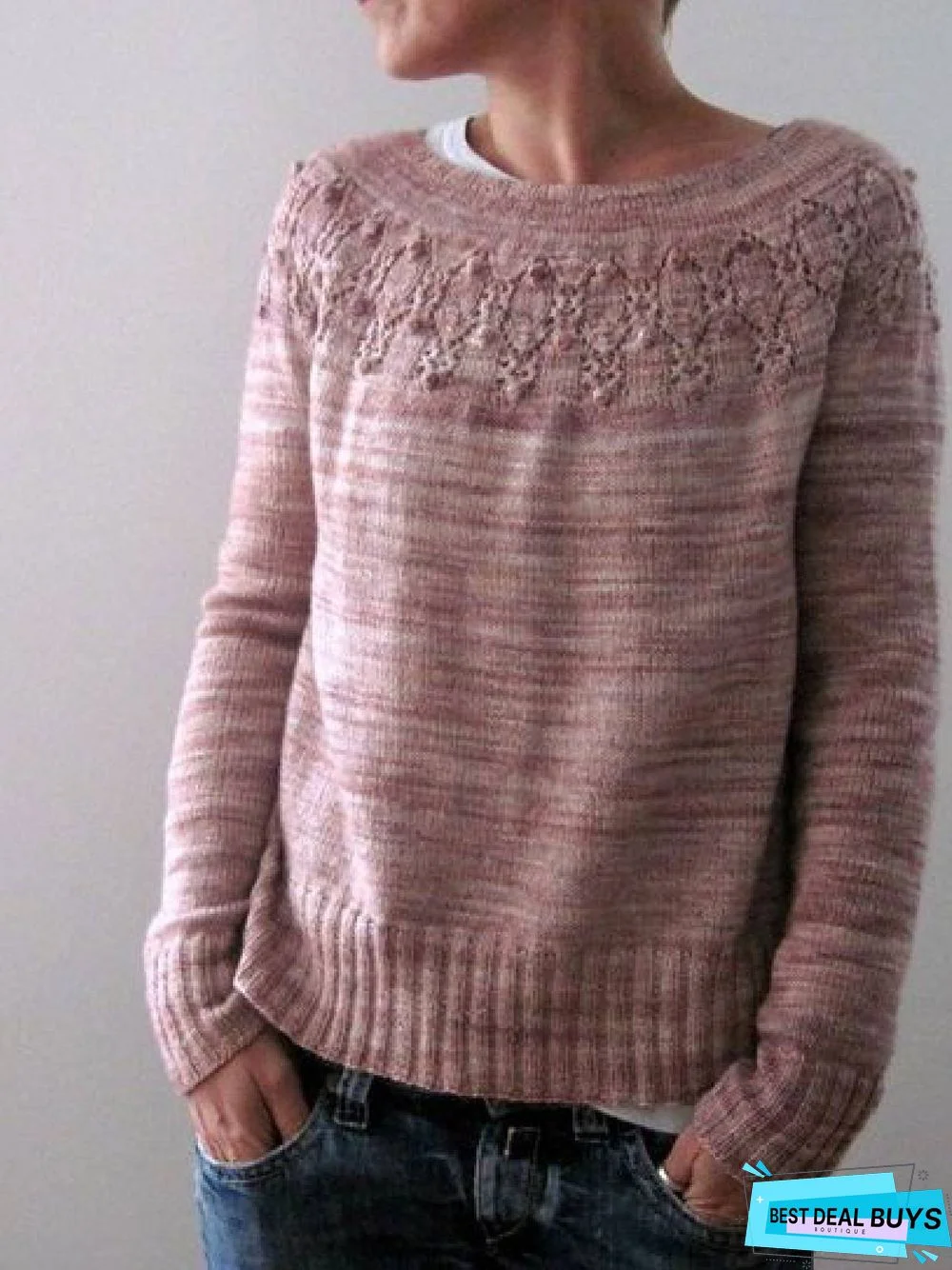 Red Long Sleeve Cotton-Blend Round Neck Sweater