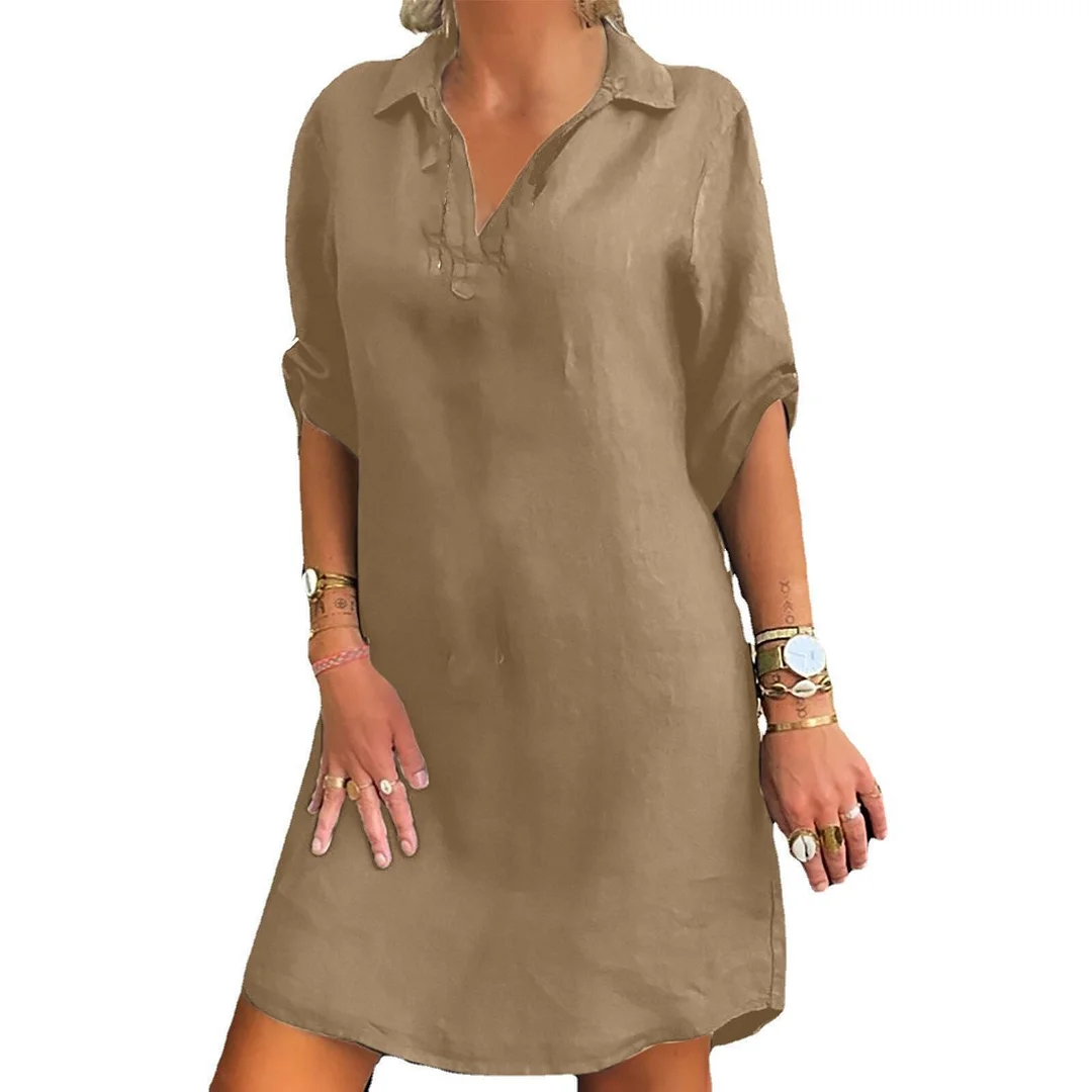 Brownm Mid Skirt Summer Rayon Short-sleeved Shirt Dress