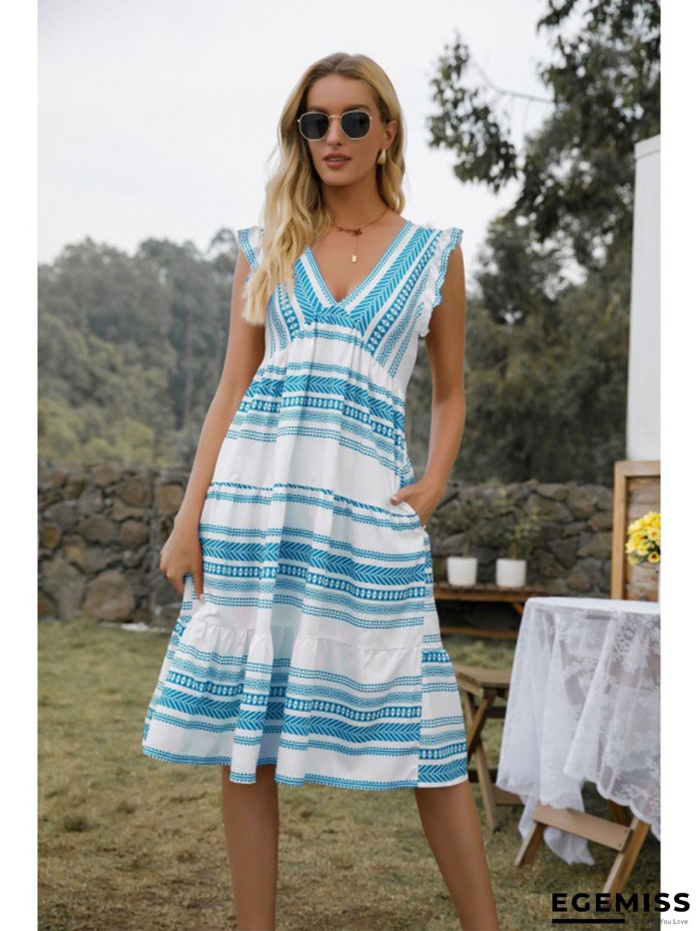 Bohemian V-neck Pocket Striped Dress | EGEMISS