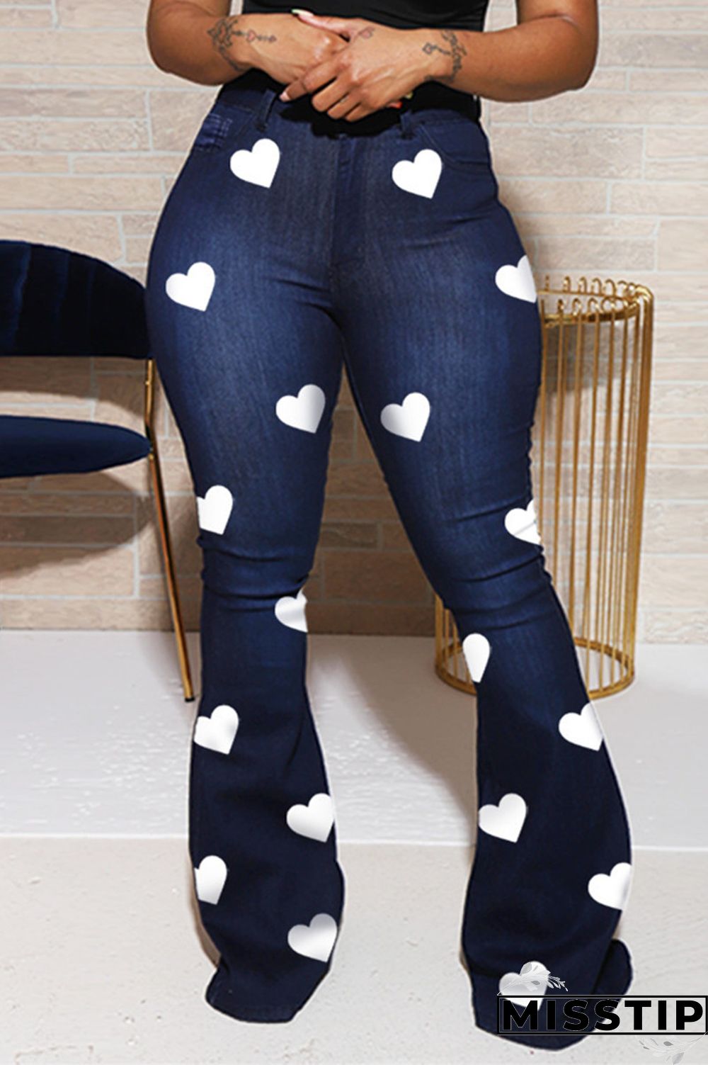 Dark Blue Fashion Casual Print Basic High Waist Regular Denim Jeans