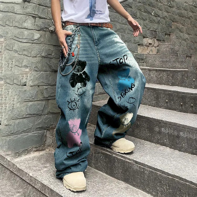 Men's Fashion Y2k Retro Japanese Dragon Pattern  Baggy Jeans