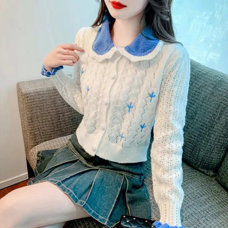 Churchf Churchf New Autumn With Long-Sleeved Sweater Versatile Show Thin Short Jacket Sweet Doll Collar Knit Cardigan Girl