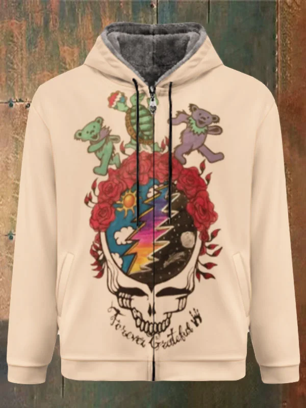 Unisex Skull Print Double Layer Fleece Zip-Up Hooded Jacket