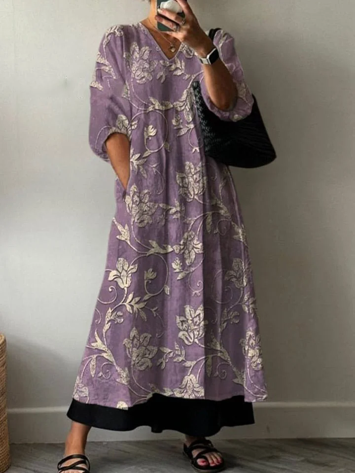 Women's Folk Floral Art Print Pocket V-neck Cotton Dress