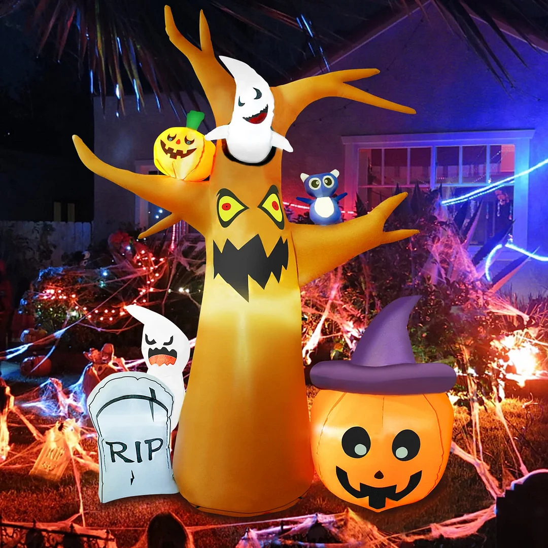 8-foot Halloween inflatable dead tree with ghosts, RIP, pumpkins, owls, with built-in LED lights