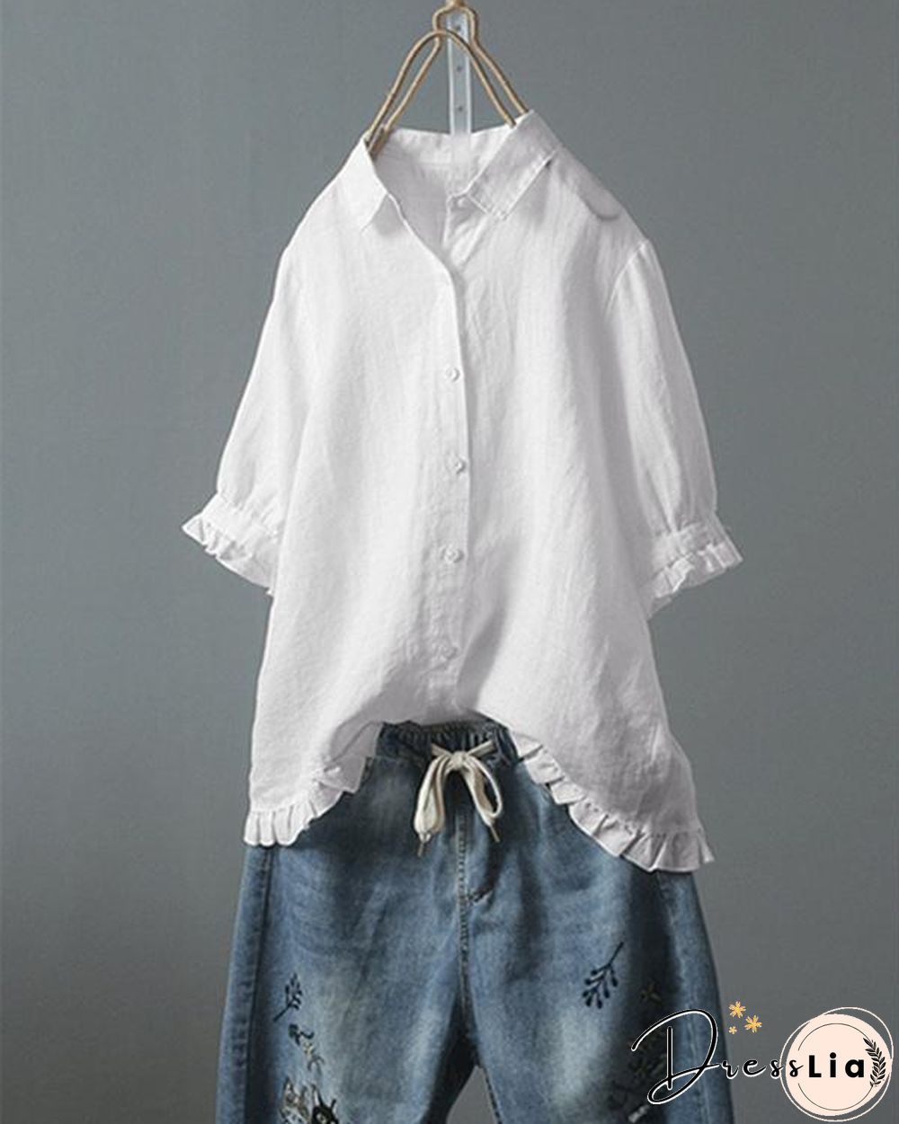 Lace Button Turn Down Collar Solid Color Shirt