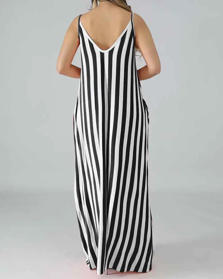 Striped Sling Deep V Loose Dress