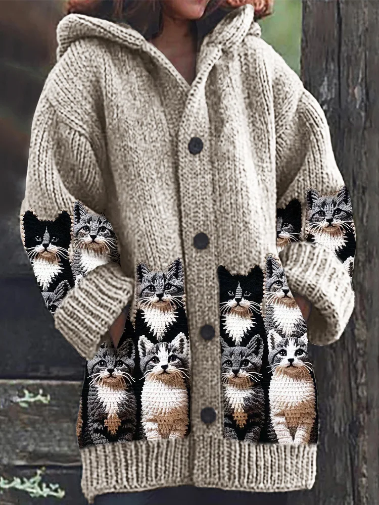 Crowded Cats Crochet Art Cozy Knit Hooded Cardigan