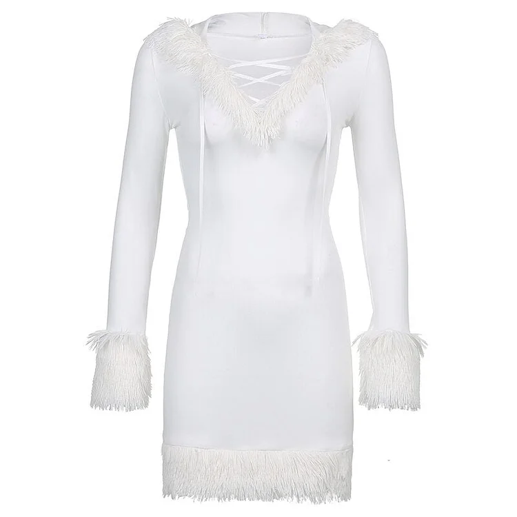 Sweetown White Fur Trim Hooded Girl Dress Women New Aesthetic Vintage Cute Kawaii Clothes V Neck Long Sleeve Bodycon Dresses