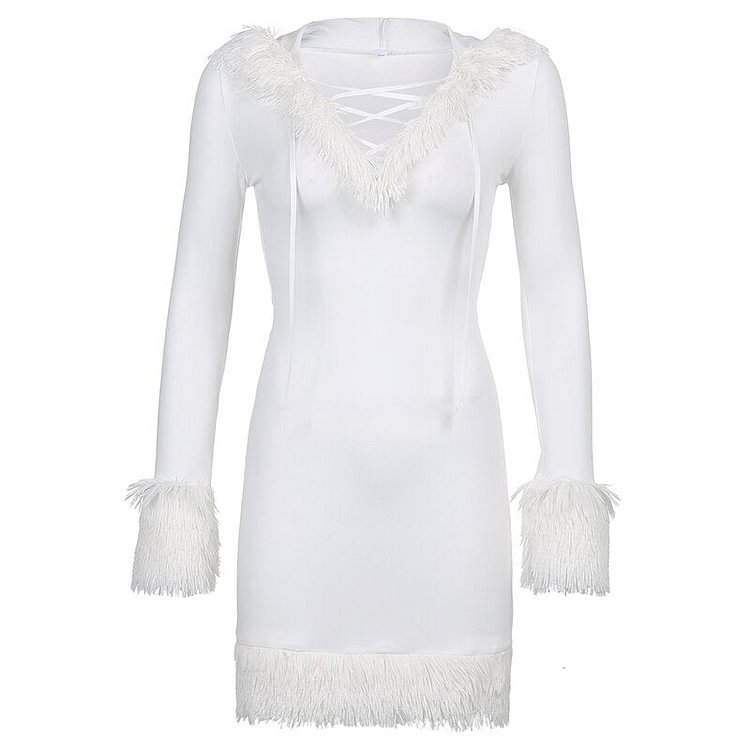 Sweetown White Fur Trim Hooded Girl Dress Women New Aesthetic Vintage Cute Kawaii Clothes V Neck Long Sleeve Bodycon Dresses