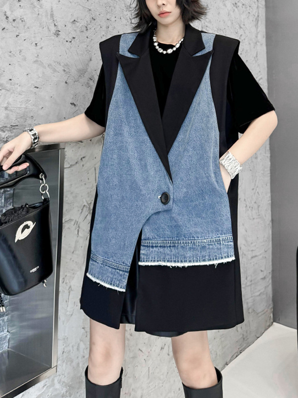 Loose Irregular Denim Patchwork Blazer Vest Outwear