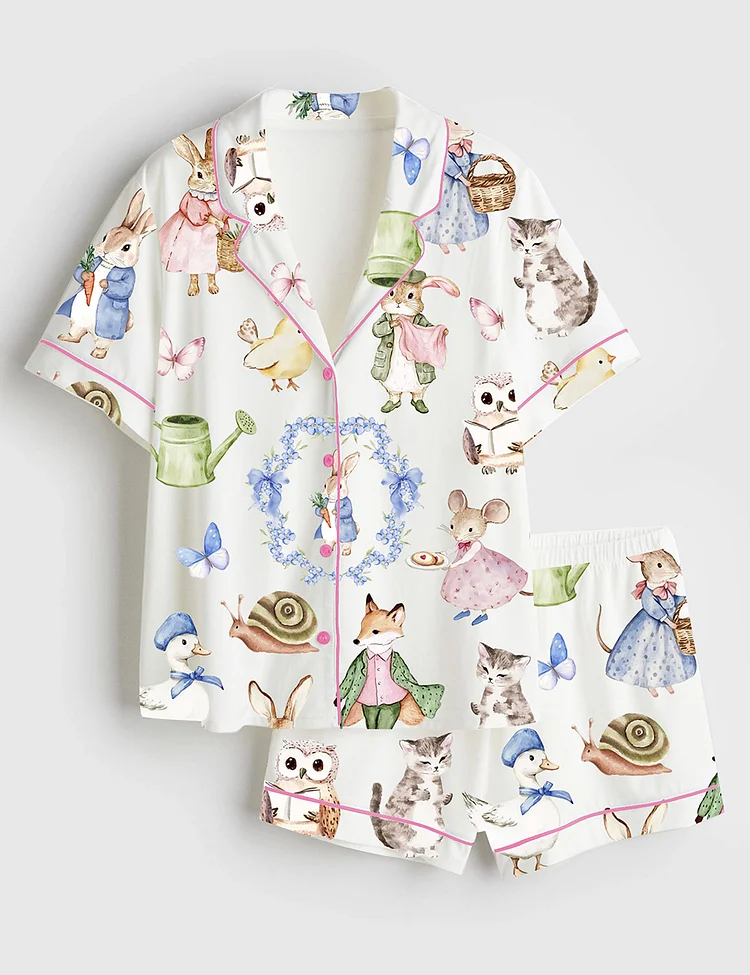 Women&rsquo;s Vintage Bunnies Cottagecore Rabbits Cute Easter Watercolor Spring Print Short Sleeve Satin Pajama Set