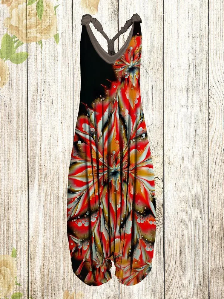 Women Black and Red Floral Pattern Sleeveless Harem Jumpsuit