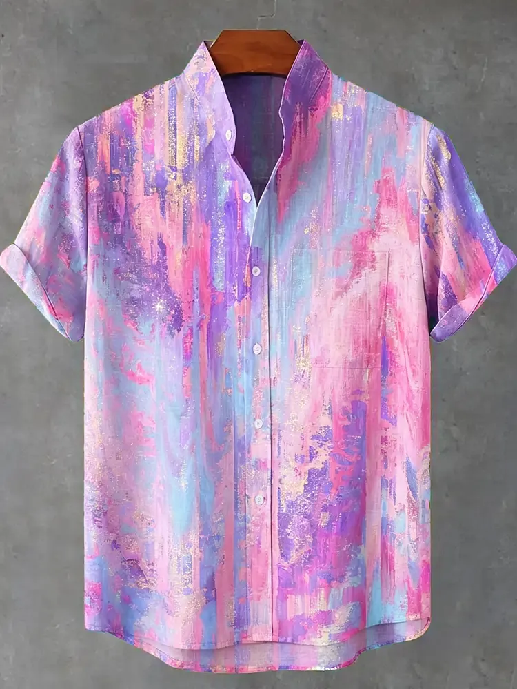 Vintage Rainbow Mottled Art Cat Print Casual Cotton Shirt