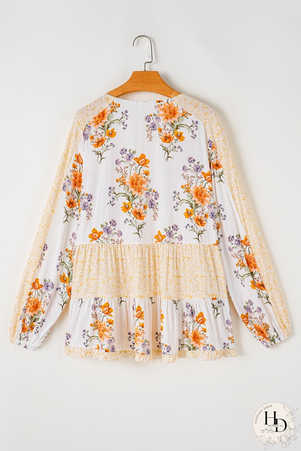 White Plus Size Floral Print V Neck Puff Sleeve Blouse