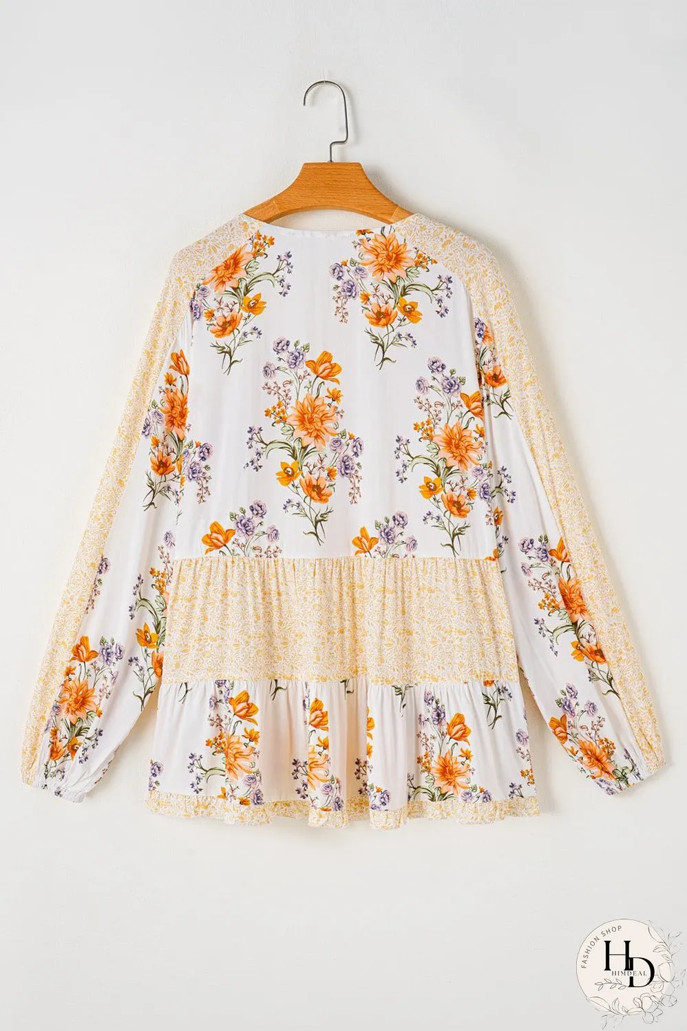 White Plus Size Floral Print V Neck Puff Sleeve Blouse