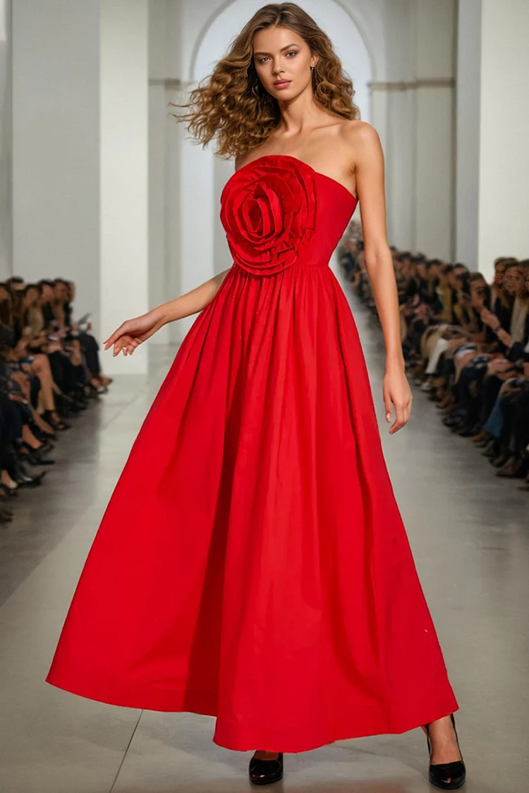 Evening Gown Red Strapless 3D Floral A-Line Maxi Dress