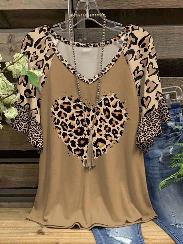 Women's V-neck Love Leopard Print Lotus Leaf Sleeve Short Sleeve Top