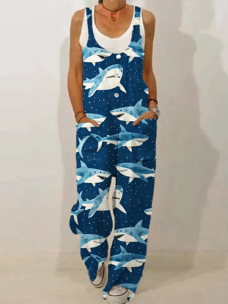 Deep Sea Animal Shark Pattern Linen Casual Jumpsuit