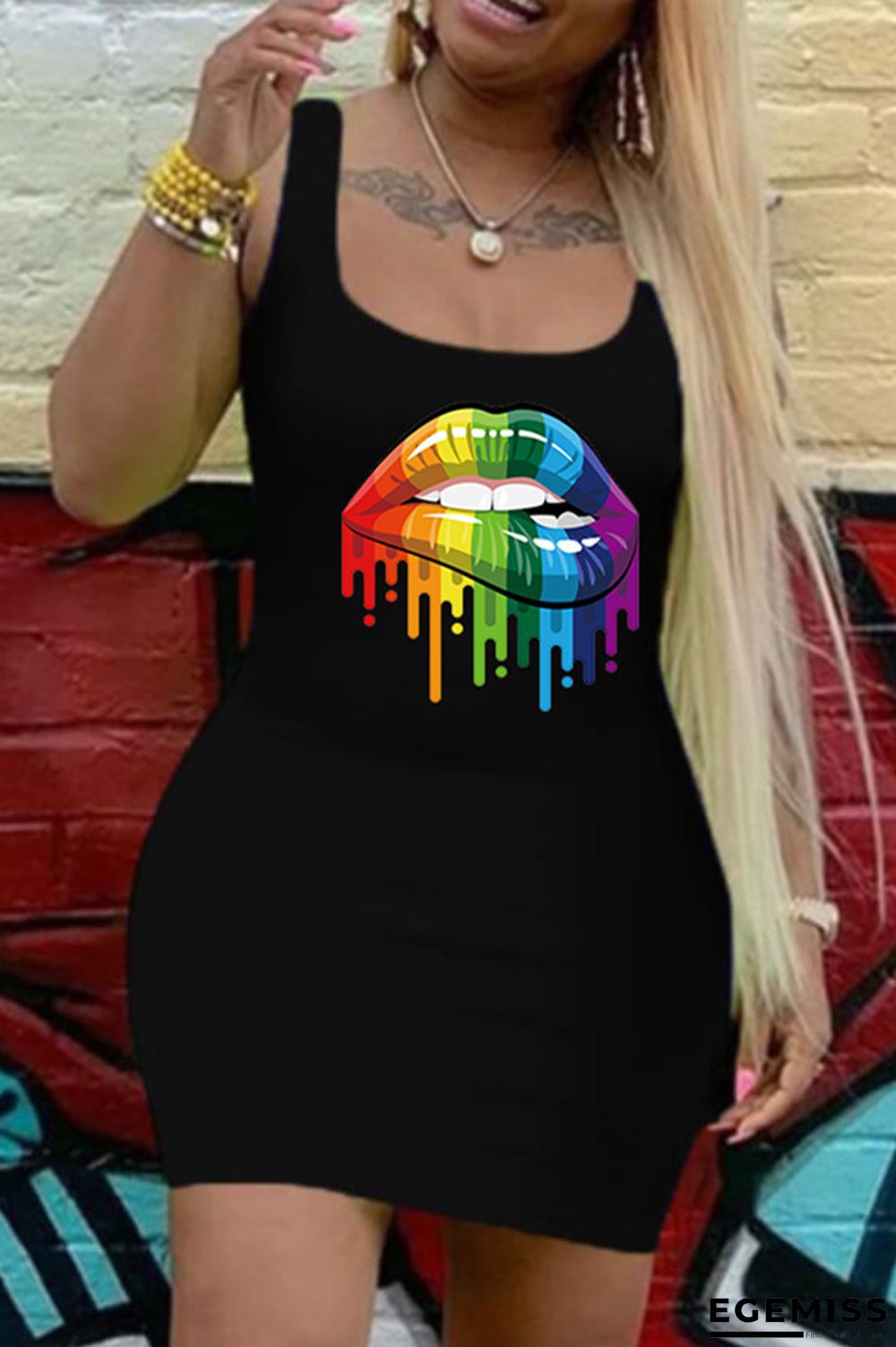 Black Fashion Casual Lips Printed Basic U Neck Vest Dress | EGEMISS