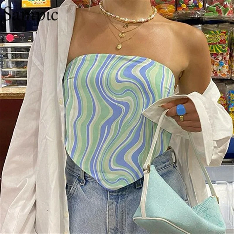 Sampic 2021 Fashion Chic Y2K Women Tie Dye Print Stain Short Green Crop Tops Off Shoulder Mini Vest Skinny Tank Tops Summer