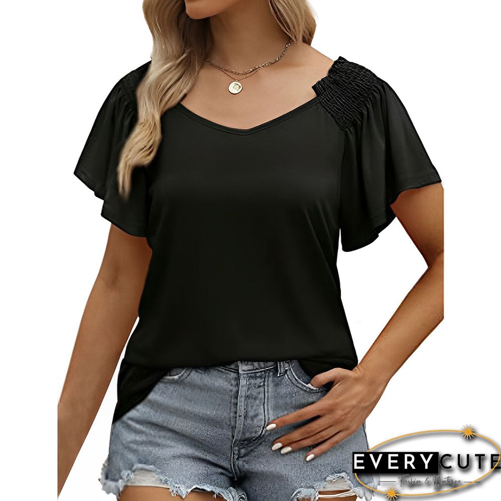 Black Pleated Short Sleeve Casual T-shirt