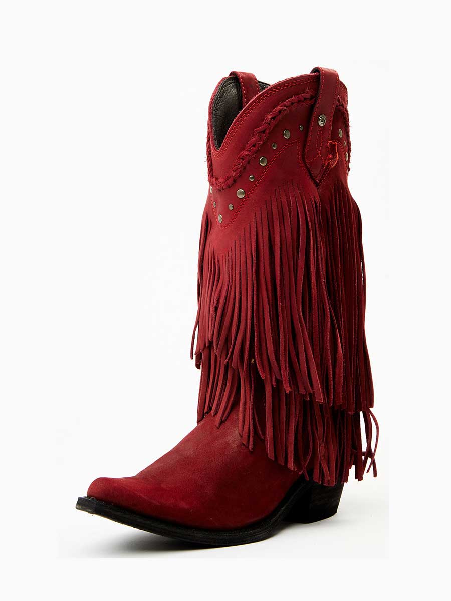Maroon Vegan Leather Snip Toe Fringe Studded Block Heel Women's Cowgirl Boots 