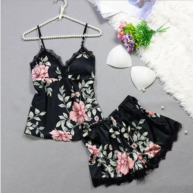 2PCS Women Silk Satin Lace Robe Crop Tops Shorts Sleepwear Floral Print Lace Babydoll Nightdress Pajamas Set