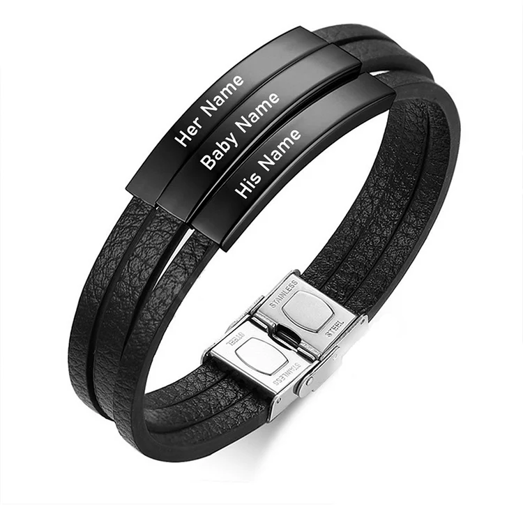 Personalized Men Leather Bracelet Engraved 3 Texts Multi-Layer Bracelet