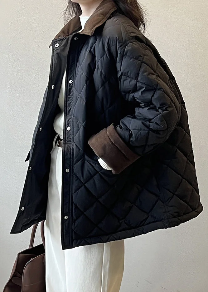 Black Pockets Corduroy Duck Down Puffer Coat Peter Pan Collar Winter