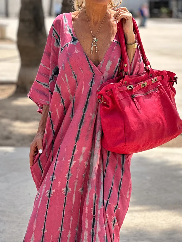 Printing Half Sleeves Loose V-Neck Maxi Dresses