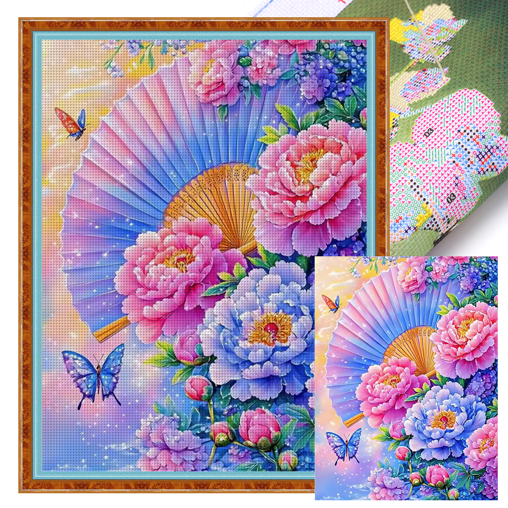 Fan Peony Full 11CT Pre-stamped Canvas(45*60cm) Cross Stitch