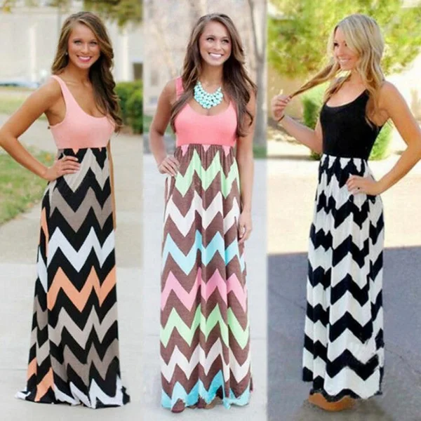 Fashion Women BOHO Party Dress Ladies Striped Printed Maxi Summer Beach Long Dress Plus Size S-5XL