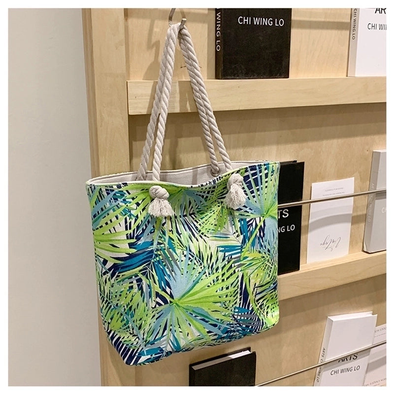 Women’s Medium Canvas Leaves Butterfly Beach Square Zipper Beach Bag